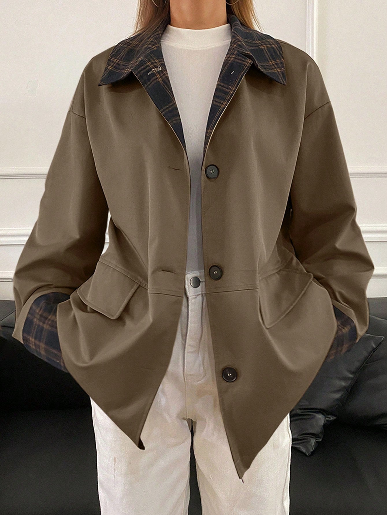 Oversized jas met geruite kraag en zakken voor dagelijks gebruik in de lente en herfst, dames-1