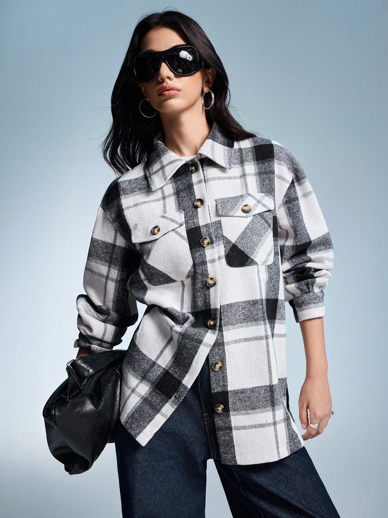 Oversized jas met geruite print en klepzakken voor dagelijks gebruik, dames-5