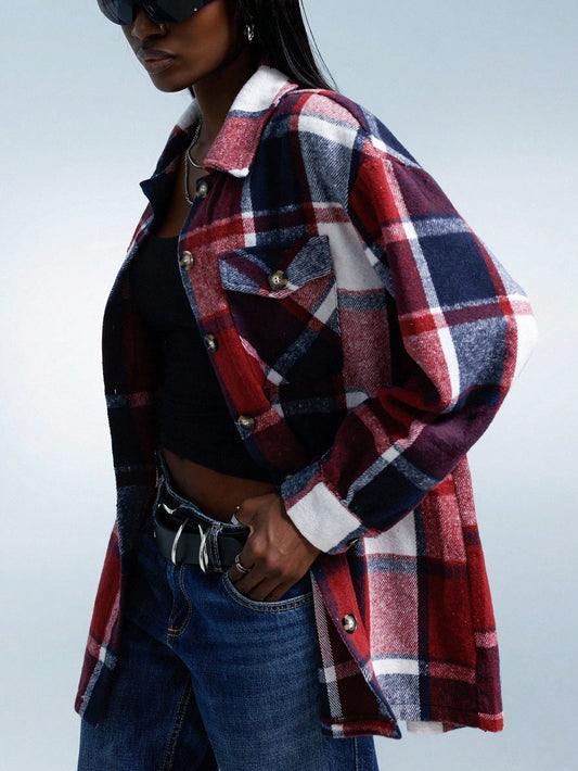 Oversized jas met geruite print en twee klepzakken voor dagelijks gebruik in de lente en herfst dames-1