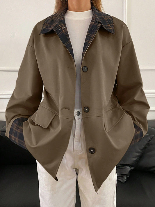 Oversized jas met kraag in ruitpatroon en zijzakken voor dames, ideaal voor lente en herfst-1