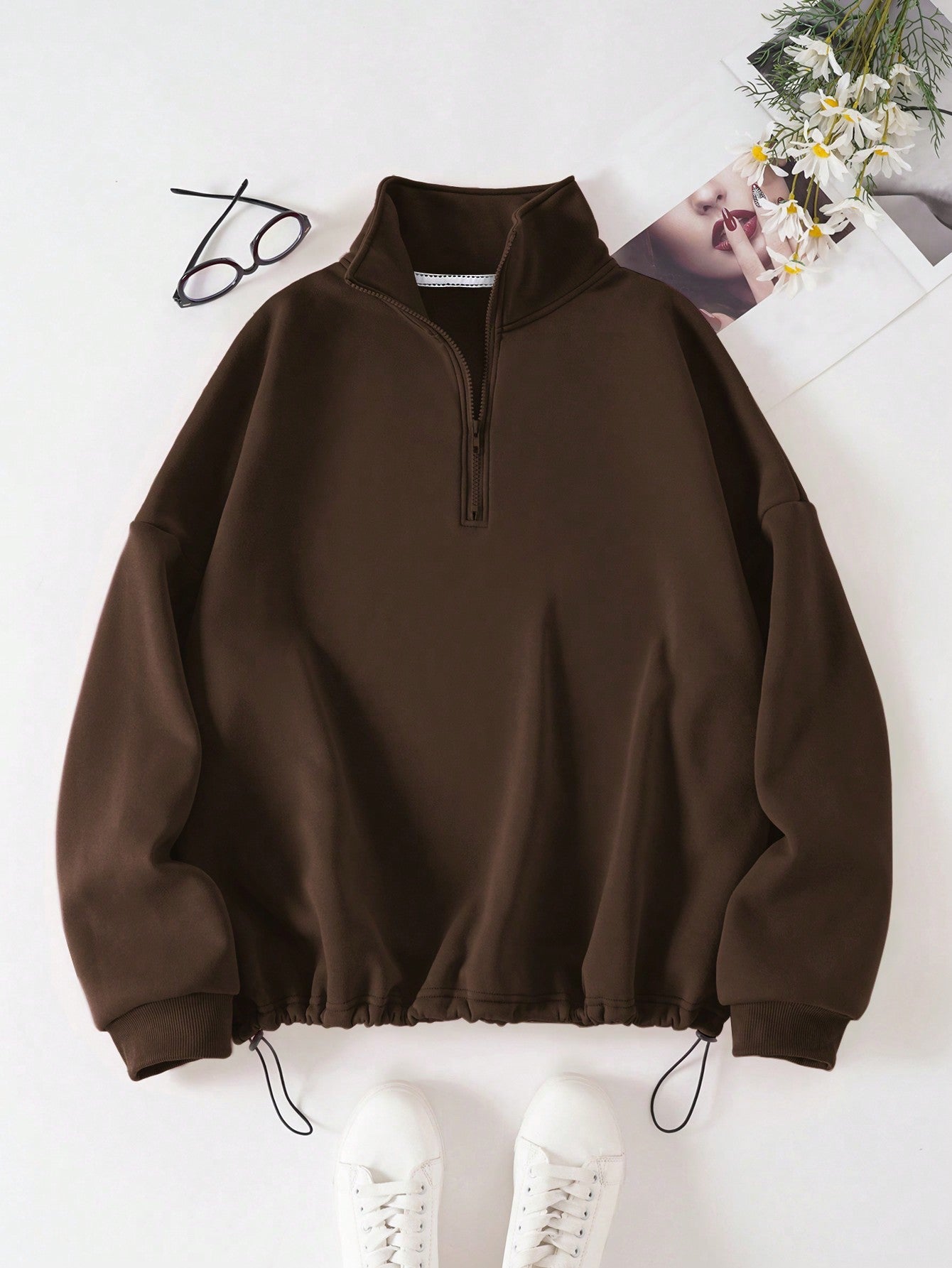 Oversized sweatshirt met hoge kraag en halve rits voor dagelijks gebruik in de winter, dames-1