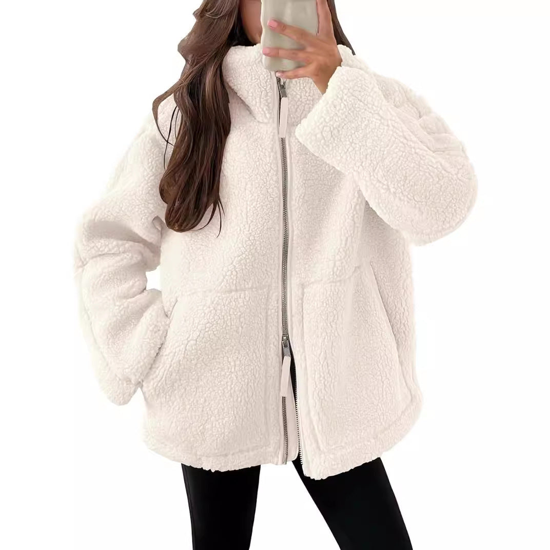 Oversized teddy fleece jas met opstaande kraag en praktische steekzakken voor dames-1