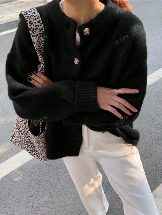 Oversized trui met knoopsluiting en ronde hals voor dagelijks gebruik in de herfst, dames-16