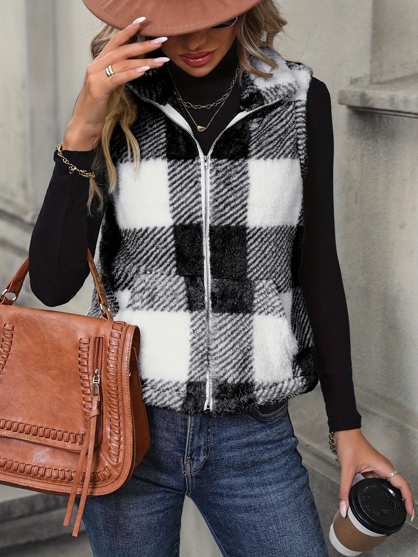 Stijlvolle geruite fuzzy vest jas voor herfst en winter - Volwassenen - Warme en elegante toevoeging aan elke outfit afbeelding 5