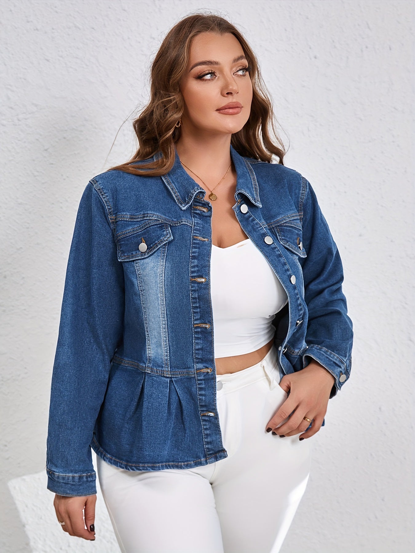 Plus size denim jas met ruches | Trendy & Comfortabel | Blauw | Lente & Herfst afbeelding 5
