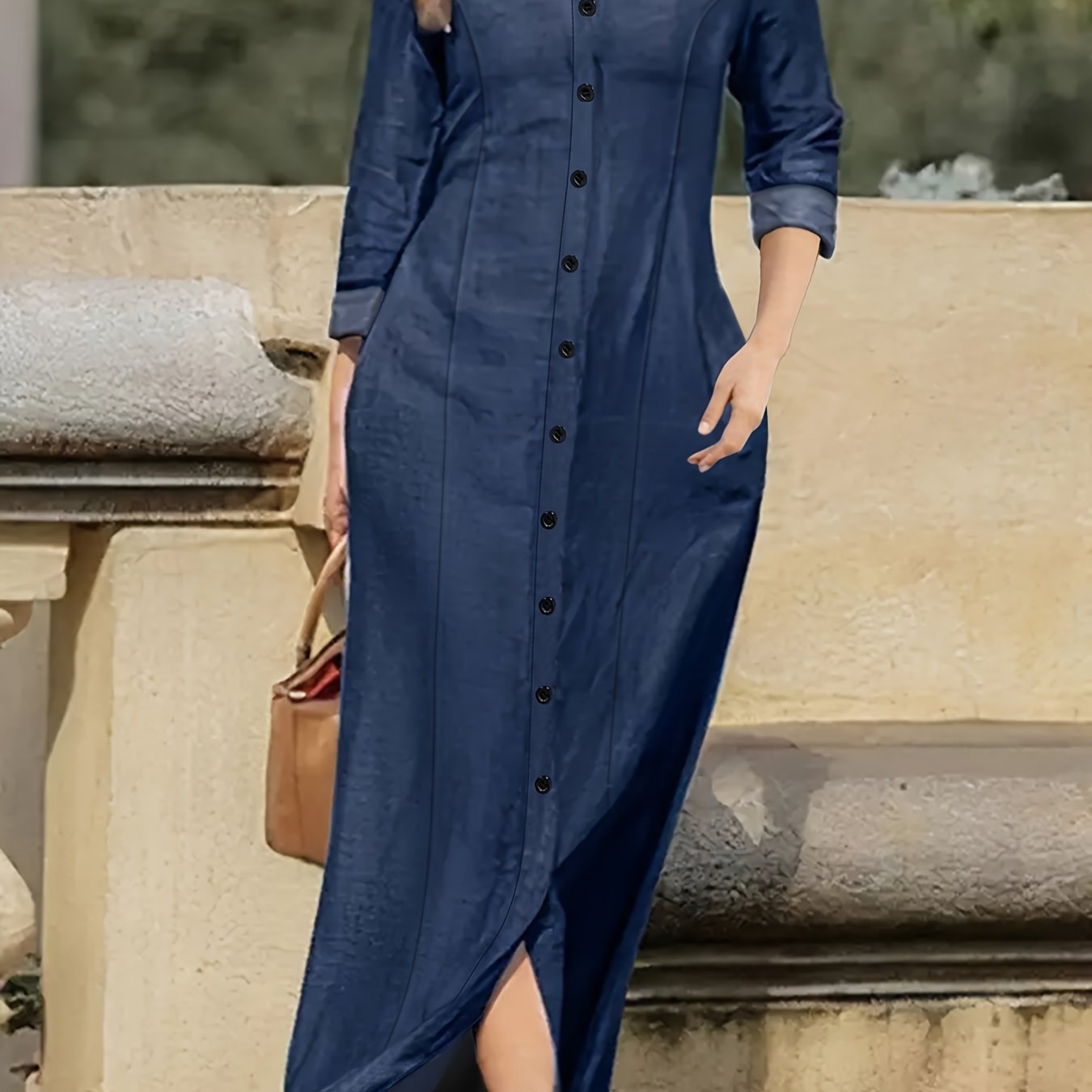 Blauwe denim maxi jurk | Elegant en comfortabel | 95% katoen | Voor elke gelegenheid! afbeelding 4