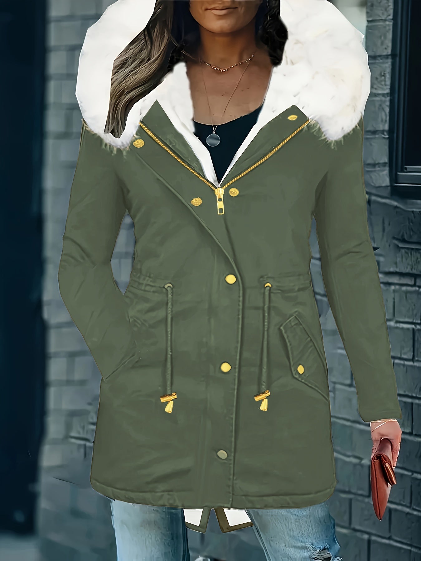 Stijlvolle en warme damesjas met capuchon en imitatiebont: perfect voor herfst en winter! Gemaakt van luxe katoenmix voor ultiem comfort. Shop nu! afbeelding 3