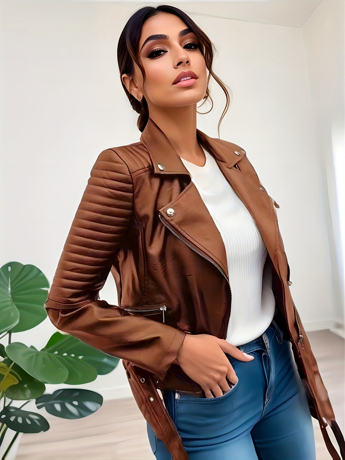 Stoer leren motorjack met lange mouwen | Duurzaam PU-leer | Ideaal voor elk seizoen afbeelding 8