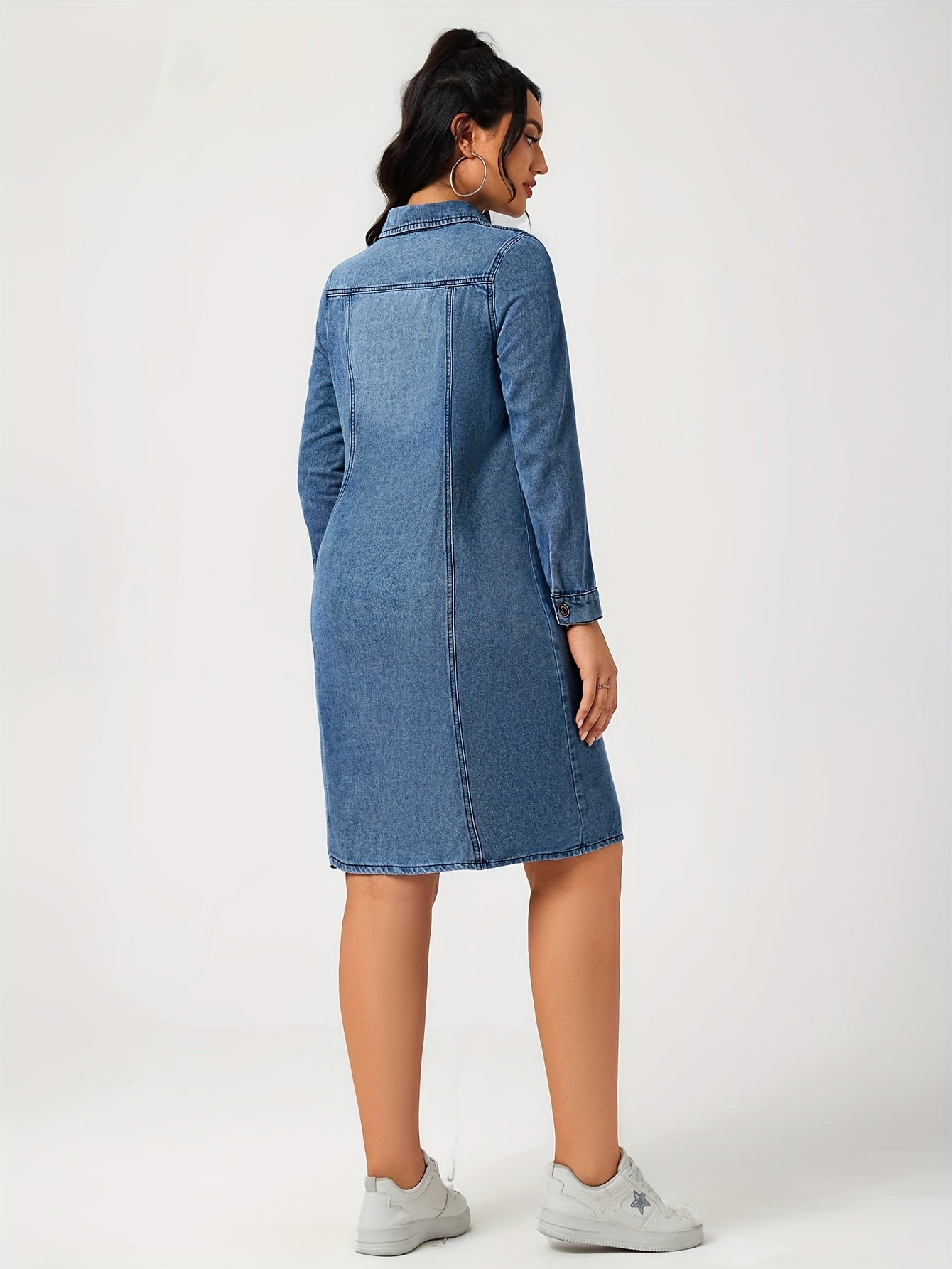 Stijlvolle blauwe denim jurk met lange mouwen | Comfortabele en veelzijdige keuze | Perfect voor lente, zomer en herfst afbeelding 3