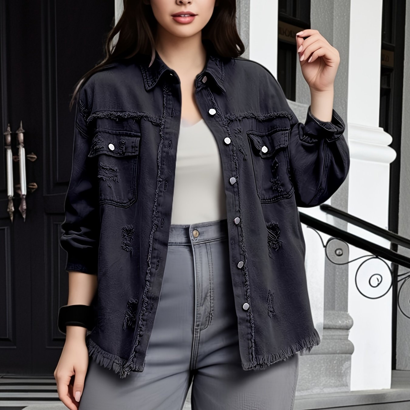 Chloe chique distressed denim jas voor dames - Shop nu! afbeelding 12