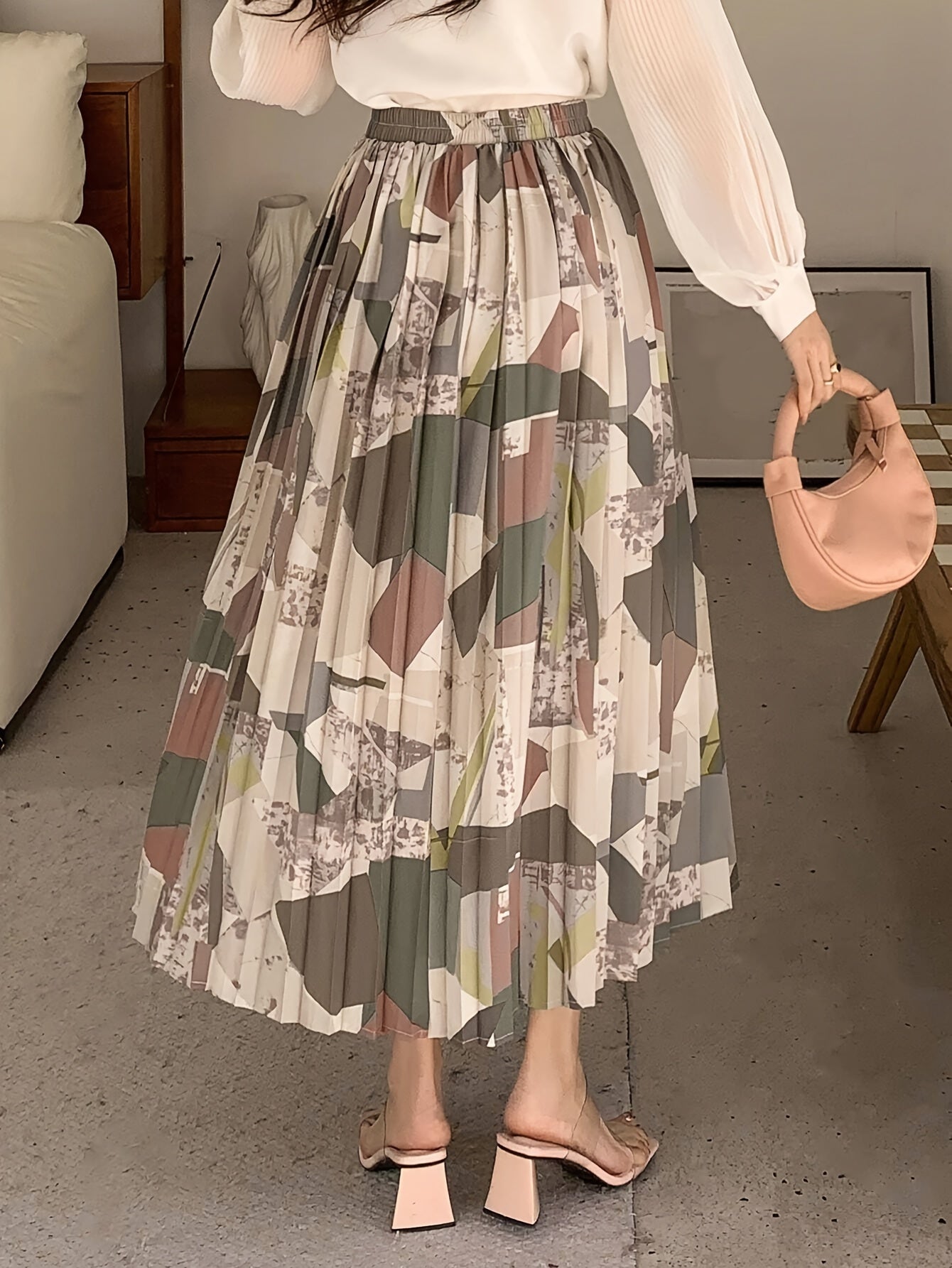 Elegante geplooide A-lijn rok | Verfijnde geometrische print | Comfortabele katoenmix | Koop nu! afbeelding 3