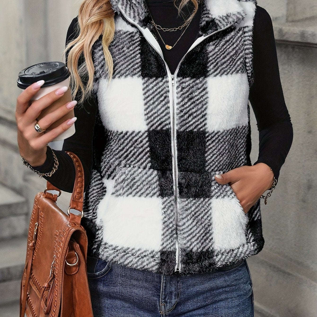 Stijlvolle geruite fuzzy vest jas voor herfst en winter - Volwassenen - Warme en elegante toevoeging aan elke outfit afbeelding 6