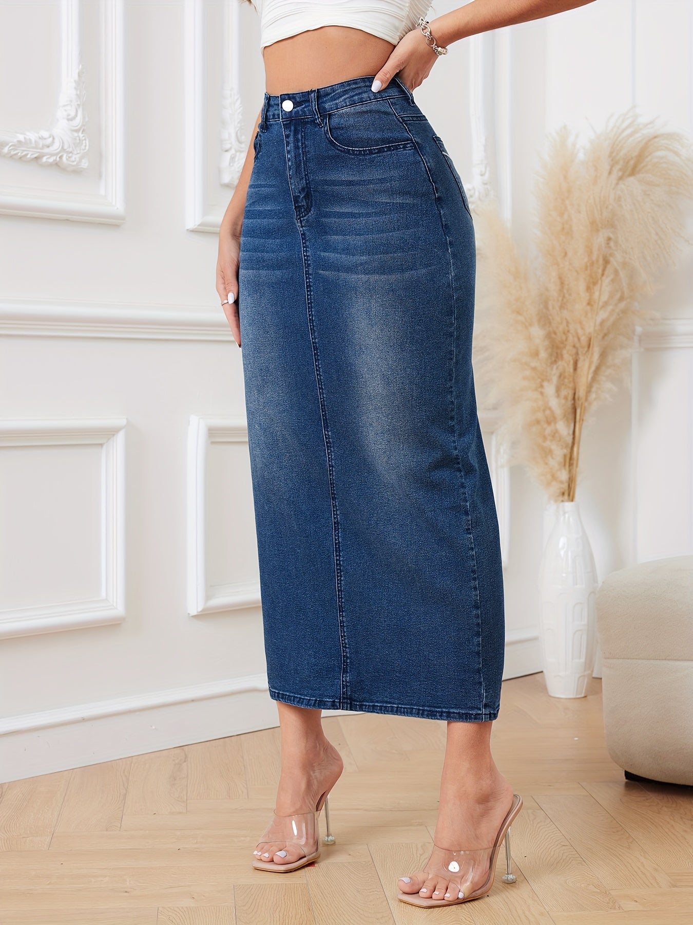 Stijlvolle denim midi rok | Hoogwaardige, elastische stof | Tijdloze toevoeging aan je garderobe afbeelding 5