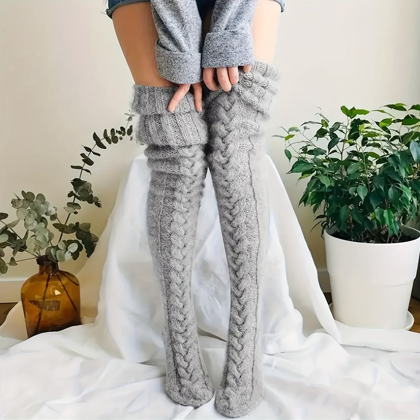 Effen Kleur Kabelbrei Sokken - Warm & Stijlvol voor de Winter! Ontdek de 100% Acryl Collectie afbeelding 2