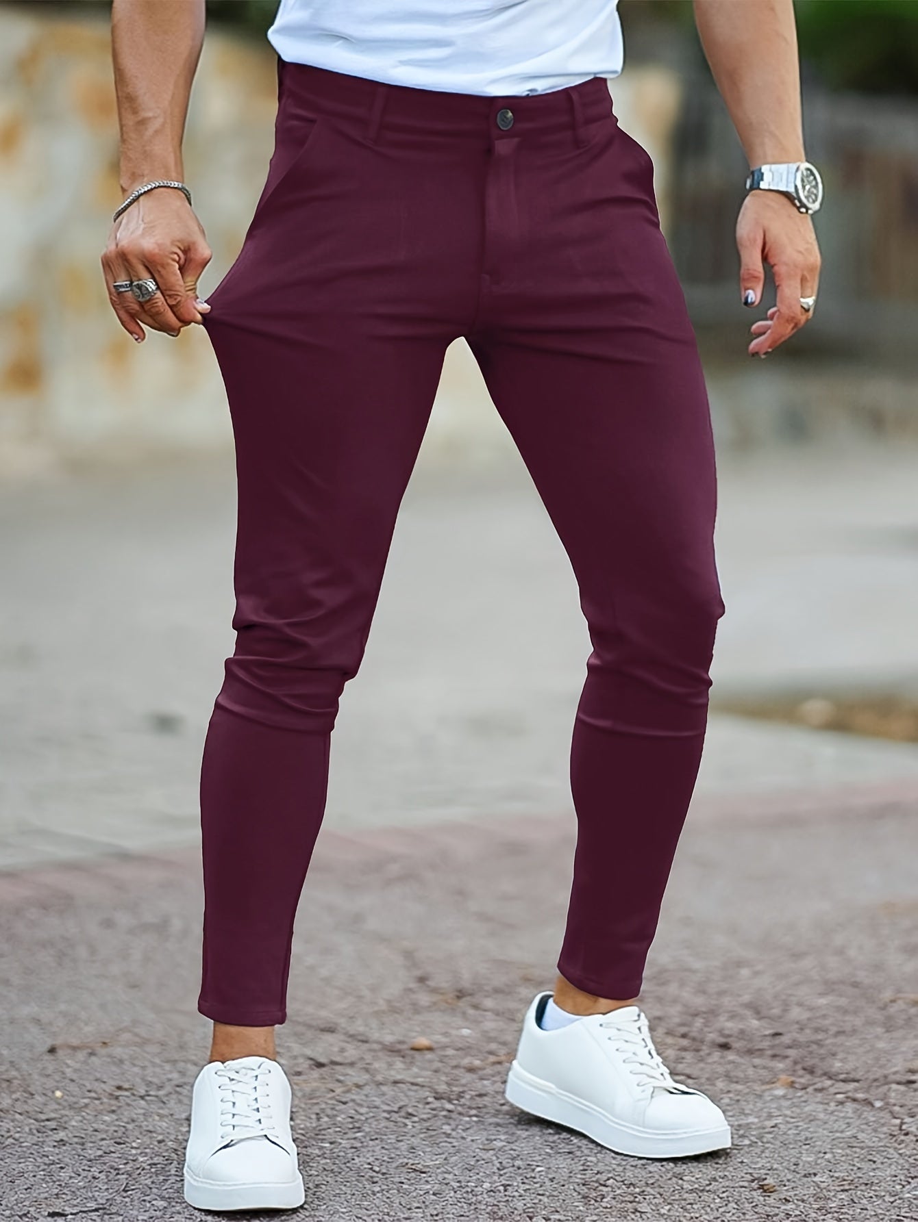 Casual skinny fit chino met medium stretch en effen kleur