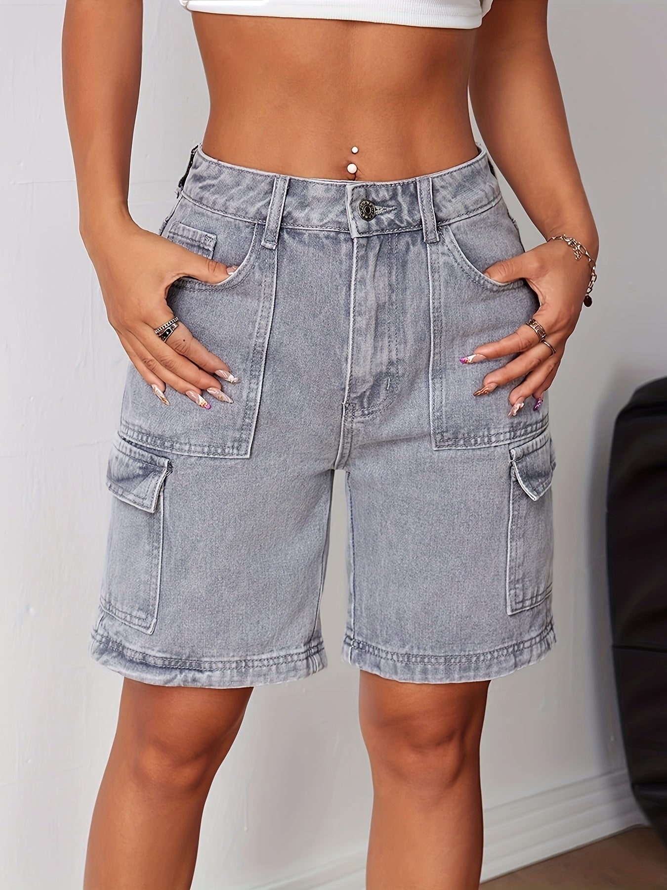 Trendy grijze denim cargoshort met hoge taille - Perfect voor de zomer! afbeelding 1