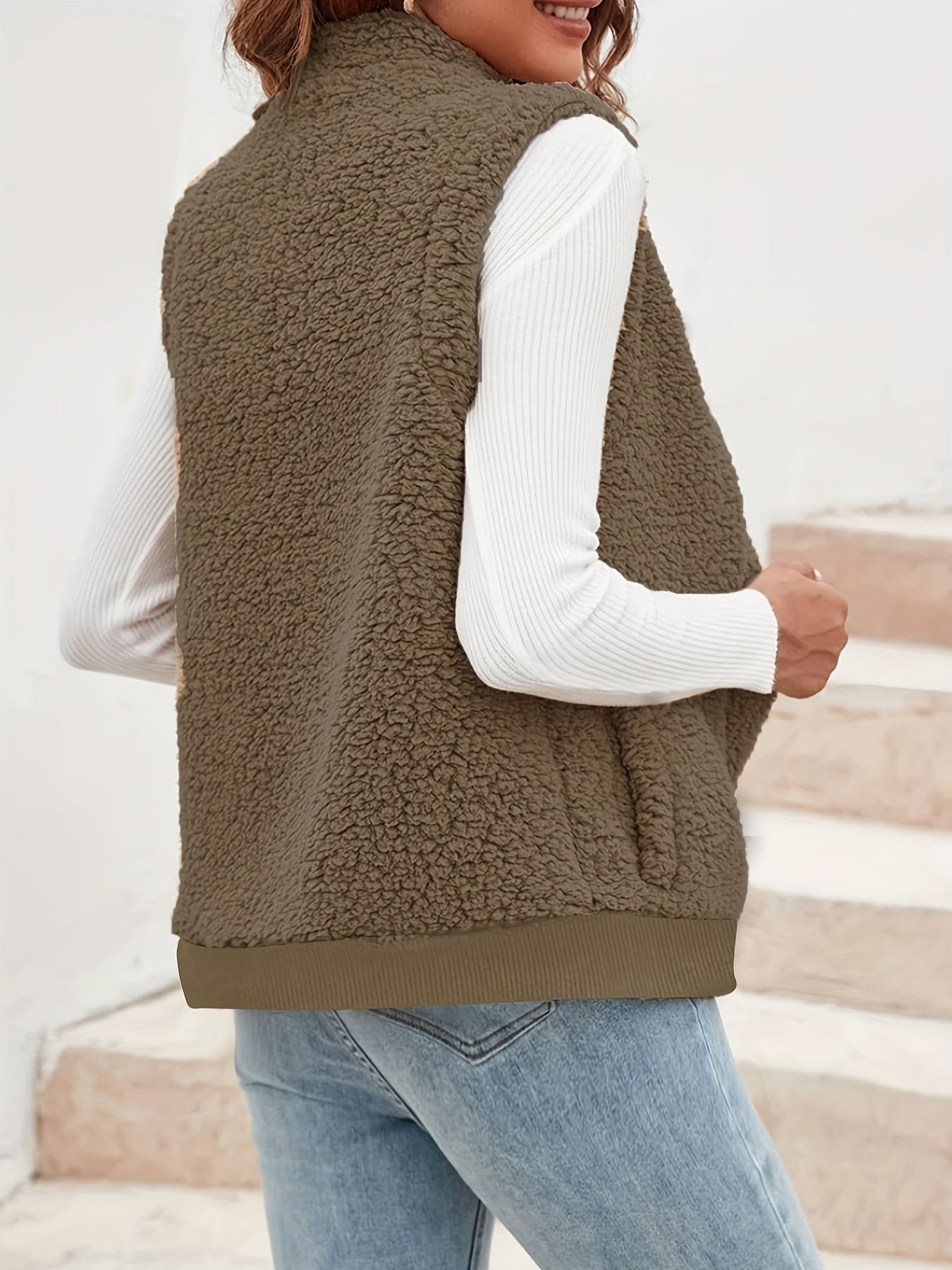 Pluche rits vest in effen kleur afbeelding 2