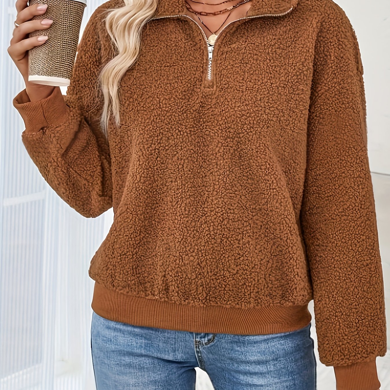 Bruin Fleece Dames Sweatshirt met Rits en Opstaande Kraag - Stijlvol en Comfortabel voor Herfst en Winter afbeelding 6