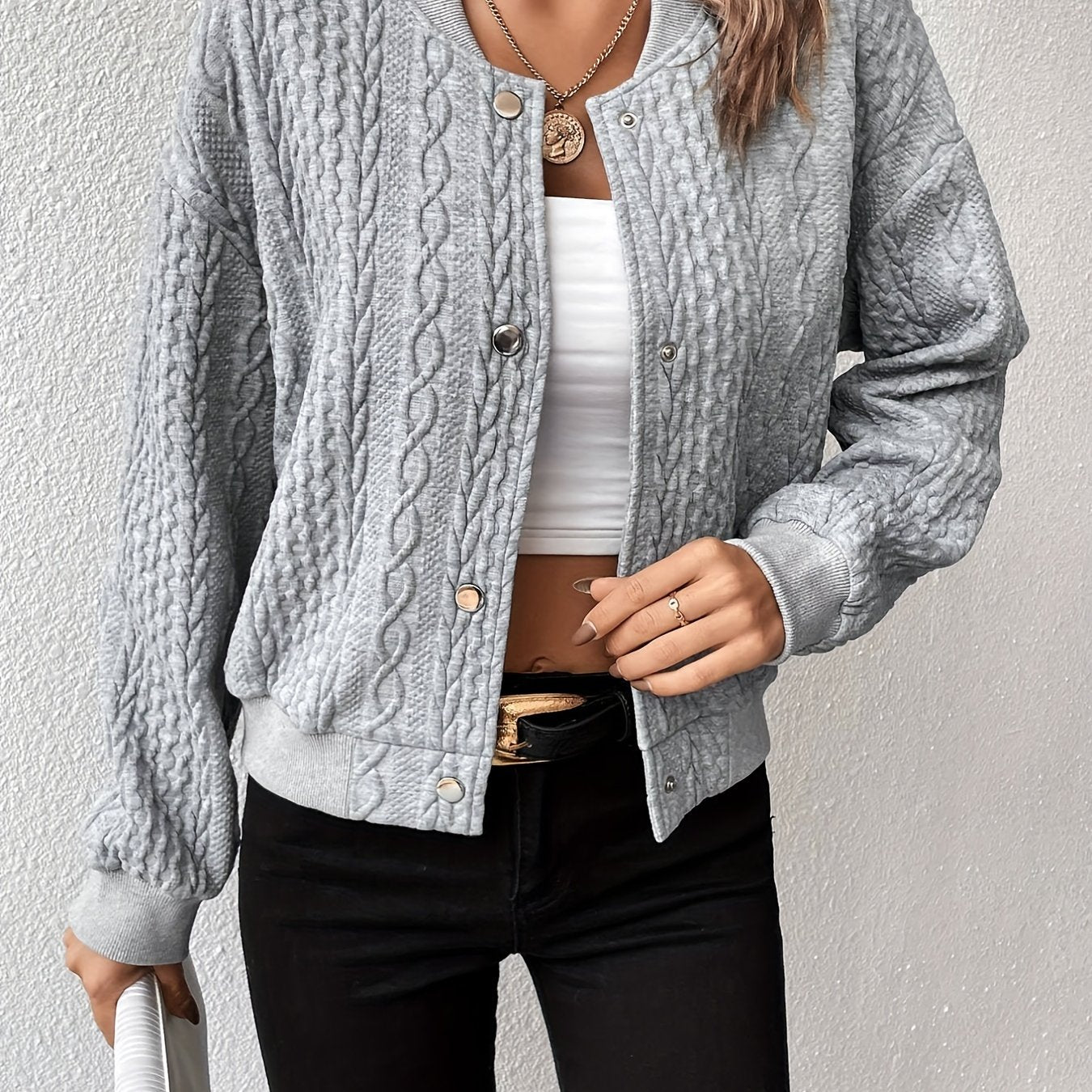 Shop de Sophie bomberjack voor dames van hoogwaardige katoenmix met knooptextuur - perfect voor elke gelegenheid! afbeelding 6