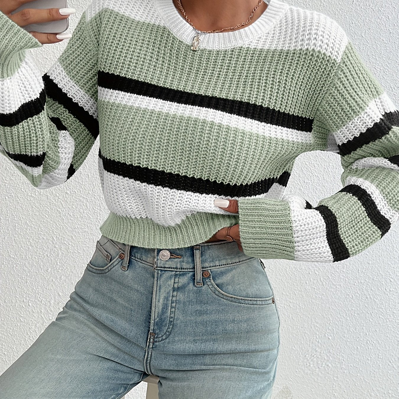 Trendy en comfortabele colorblock gebreide trui voor een stijlvolle herfst- en winterlook afbeelding 14