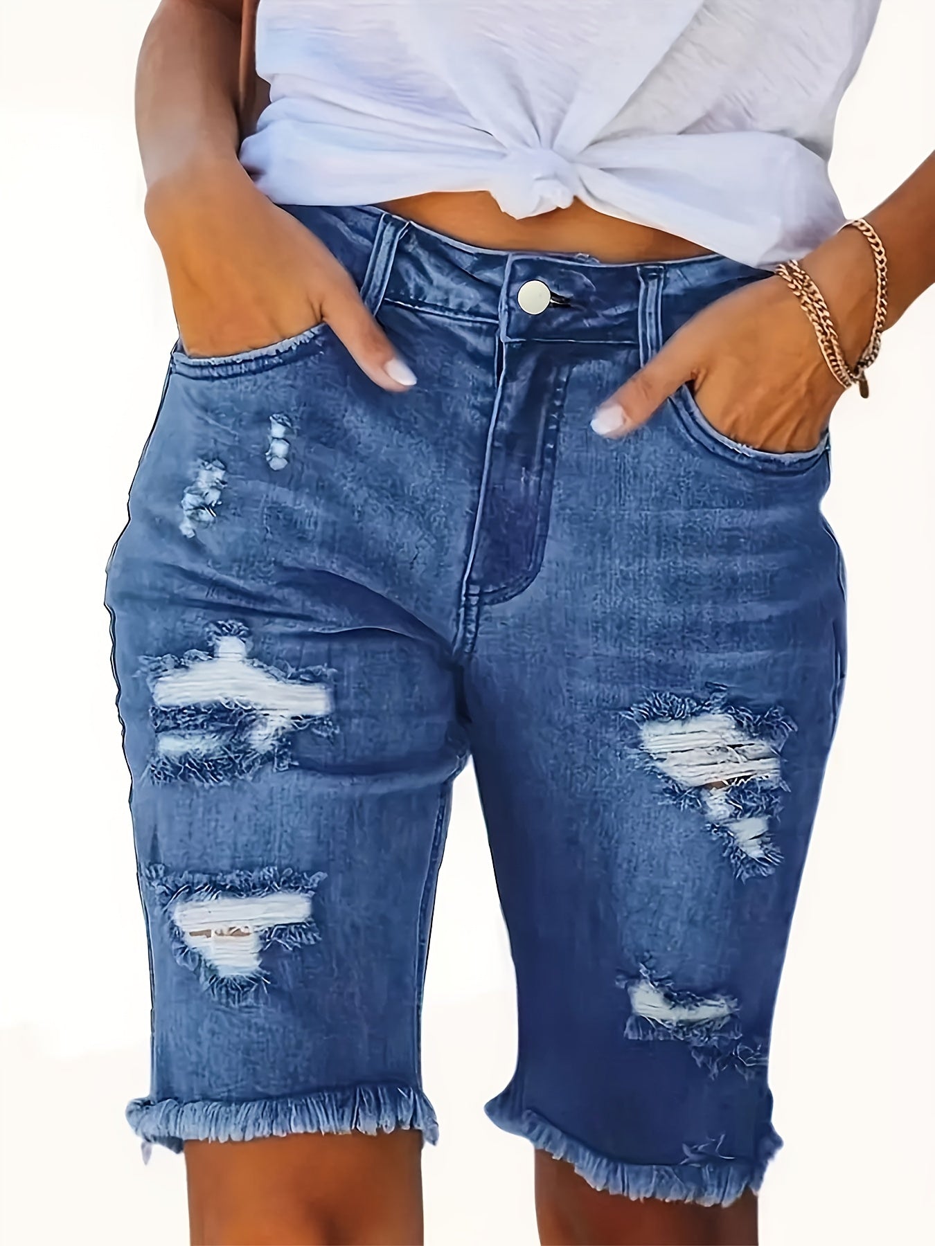 Hoge taille gescheurde spijkerbroek shorts - perfect voor de lente en zomer! afbeelding 10