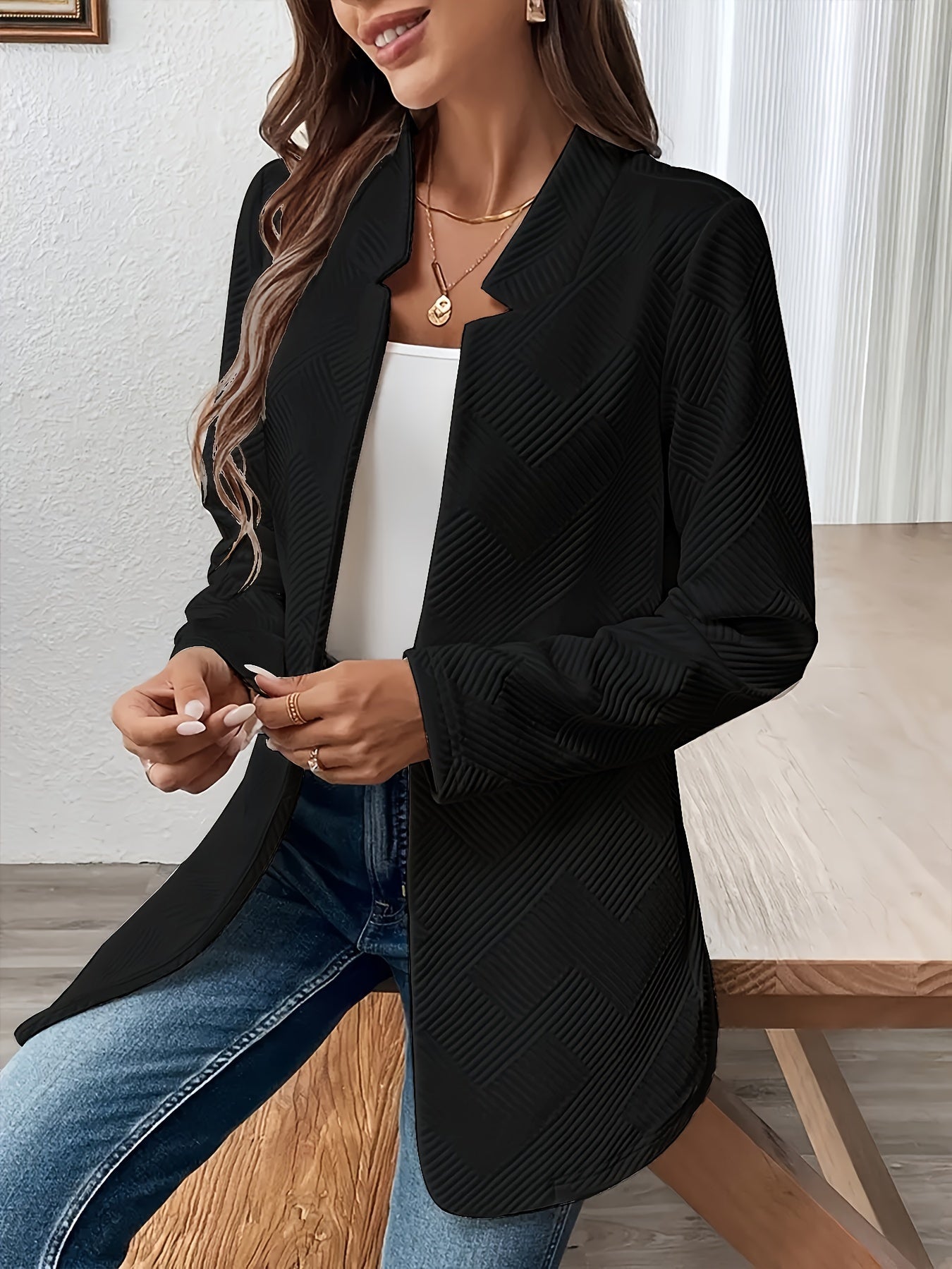 Trendy open front blazer van katoenmix: perfect voor lente & herfst! afbeelding 3