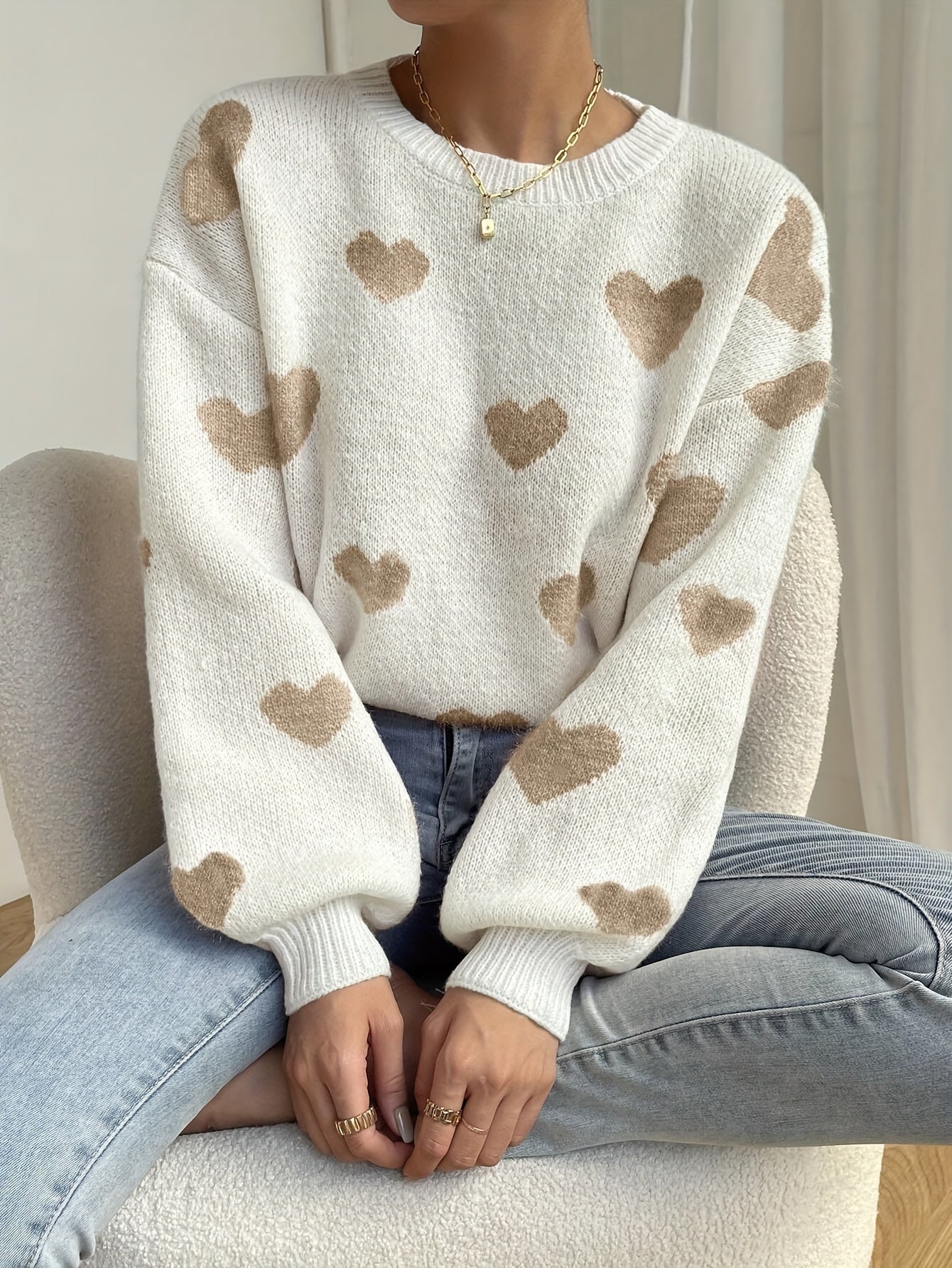 Stijlvolle dames trui met hartpatroon | Zachte en warme herfstkleding | 100% hoogwaardige katoenmix afbeelding 3