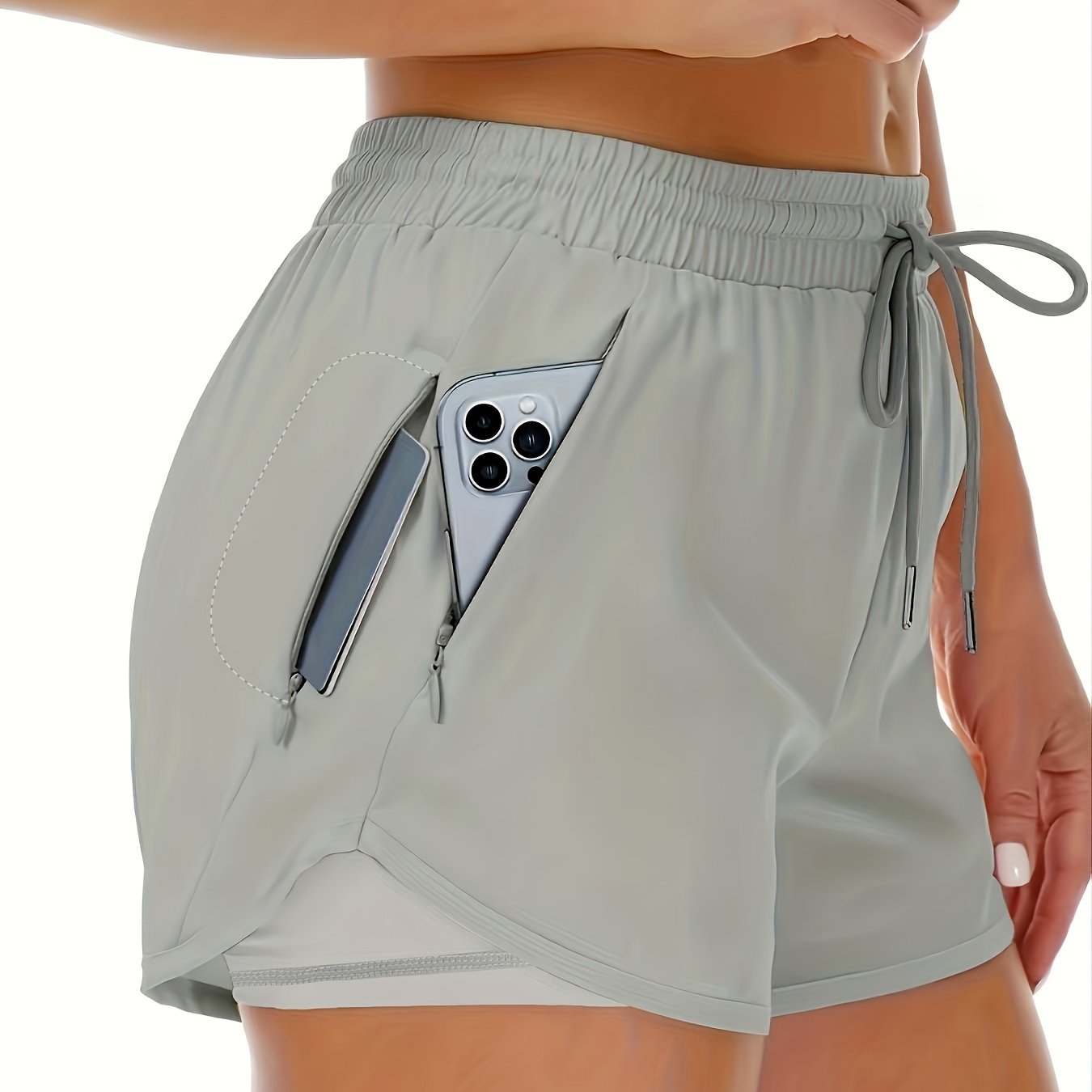 Sportieve 2-in-1 hardloopfitnessshort in effen kleur met meerdere zakken afbeelding 11