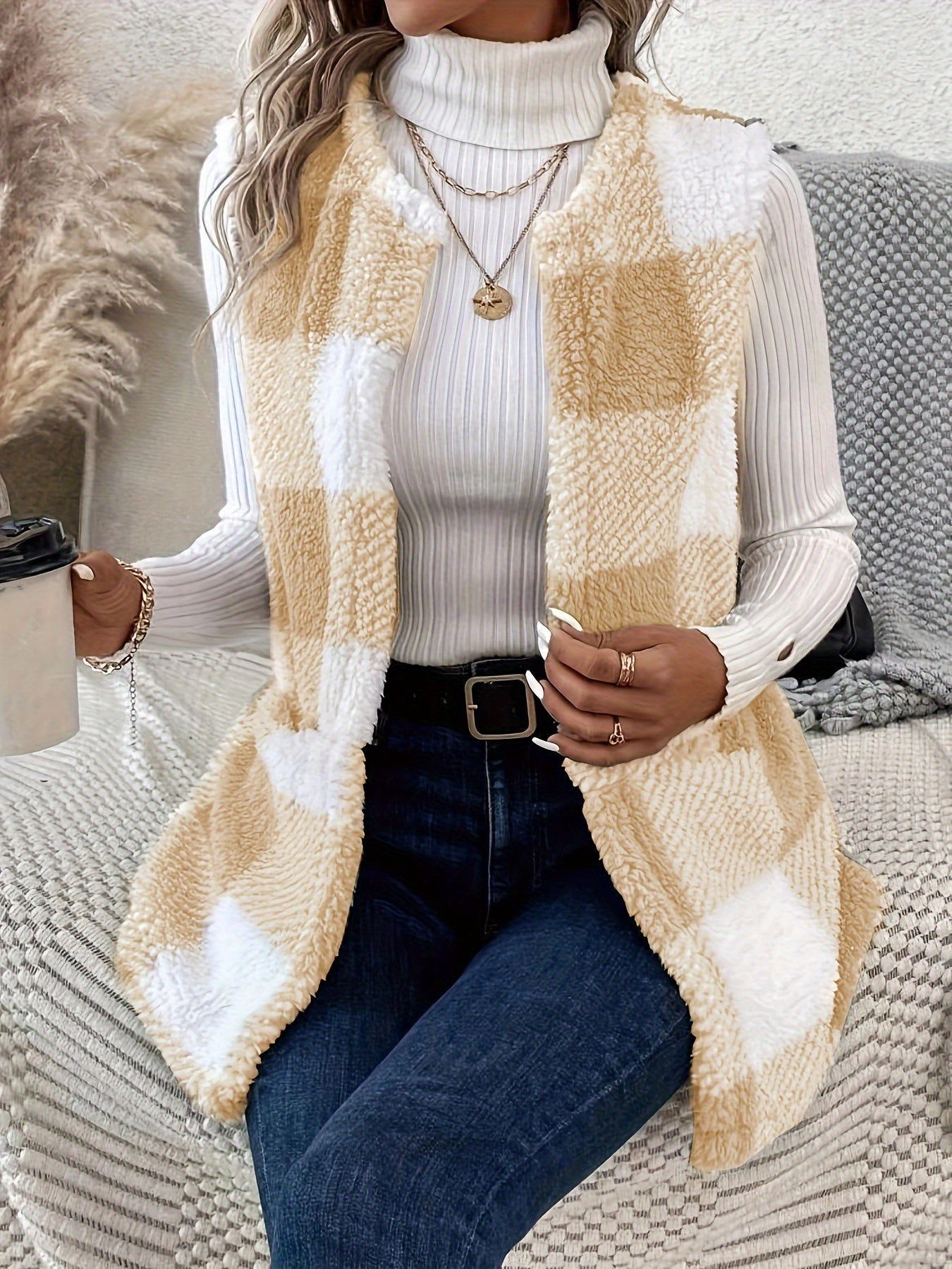 Stijlvolle geruite teddyvest van hoogwaardige katoenmix voor ultiem comfort | Perfect voor herfst en winter afbeelding 2