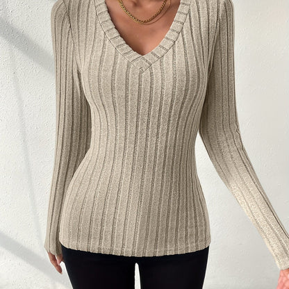 Effen V-hals T-shirt met lange mouwen afbeelding 12