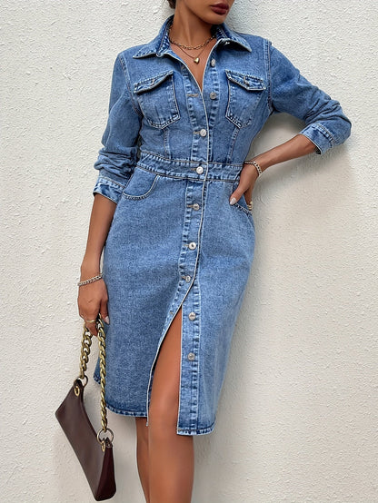 Blauwe denim jurk met lange mouwen - een tijdloze must-have voor je garderobe! Gemaakt van hoogwaardig, comfortabel denim, deze getailleerde jurk combineert elegantie en functionaliteit. Perfect voor de lente en herfst. Bestel nu! afbeelding 4
