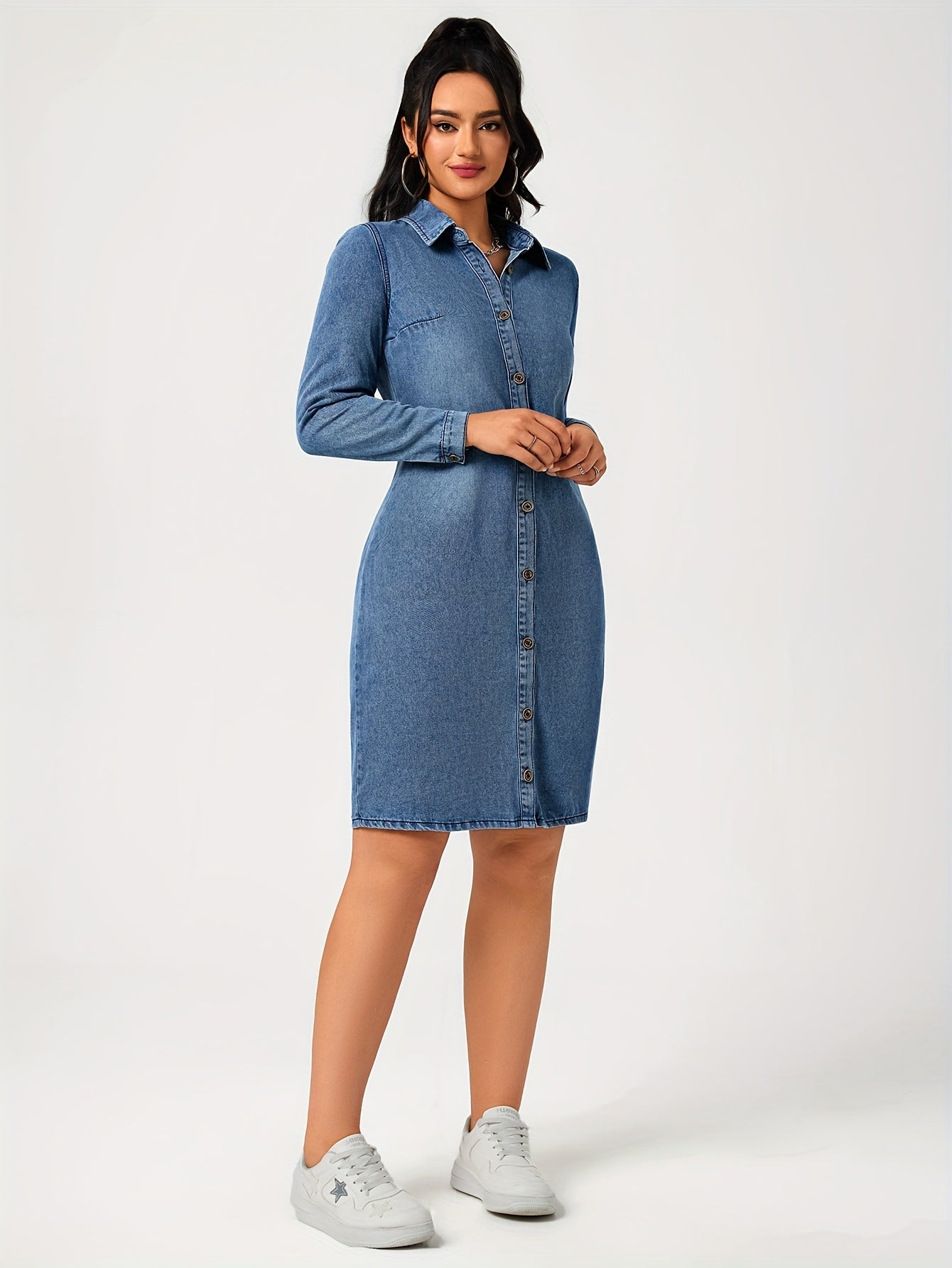 Stijlvolle blauwe denim jurk met lange mouwen | Comfortabele en veelzijdige keuze | Perfect voor lente, zomer en herfst afbeelding 5