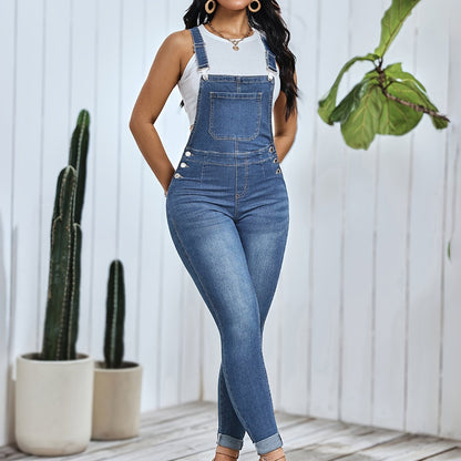 Moderne en comfortabele skinny fit overall voor dames | Mid-blauw gewassen denim met stretch | Geschikt voor alle seizoenen afbeelding 12