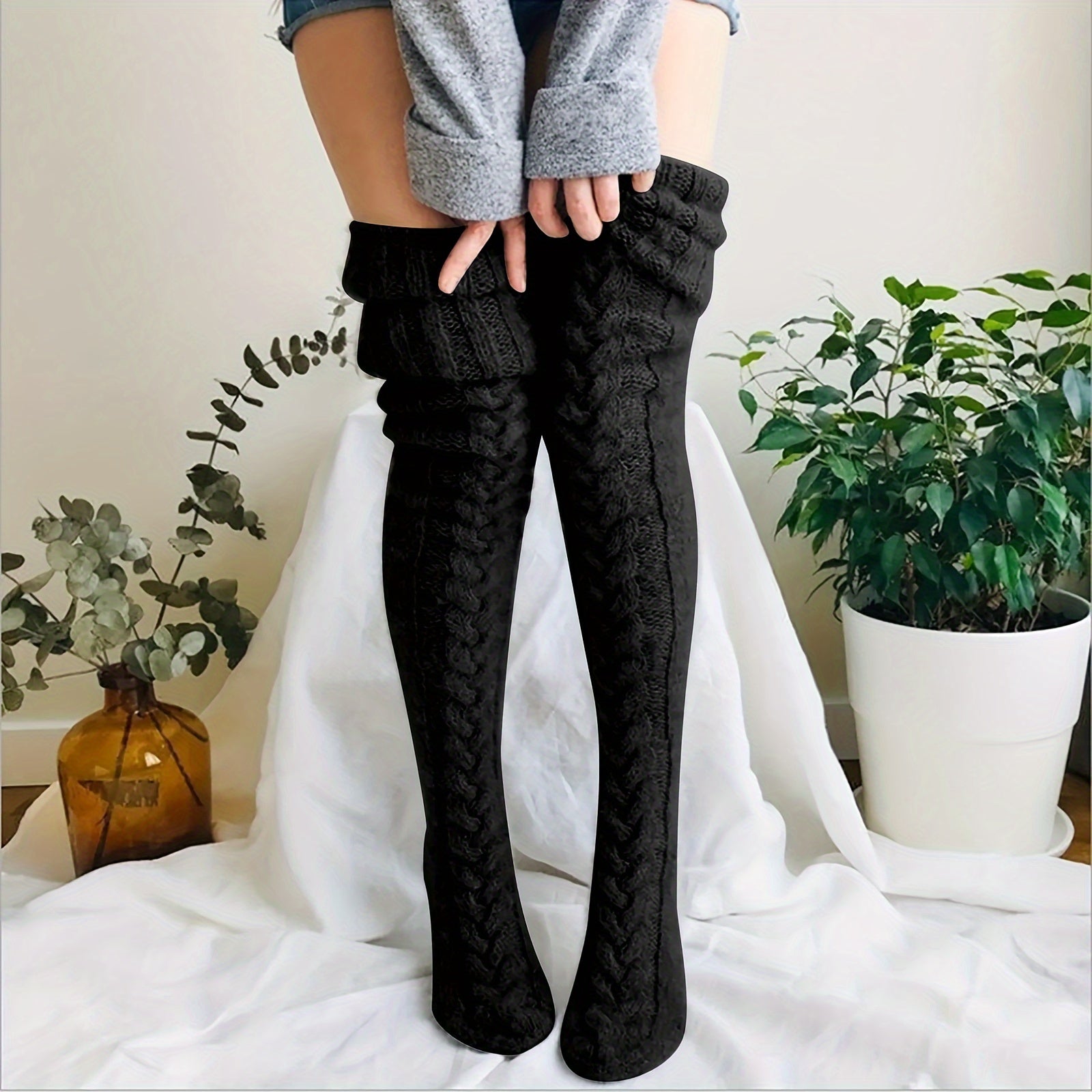 Effen Kleur Kabelbrei Sokken - Warm & Stijlvol voor de Winter! Ontdek de 100% Acryl Collectie afbeelding 13