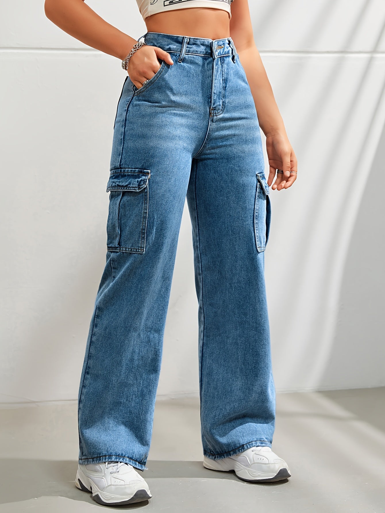 Stijlvolle en comfortabele denim cargobroek met wijde pijpen - Ideaal voor elke dag afbeelding 2