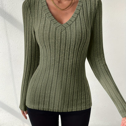 Effen V-hals T-shirt met lange mouwen afbeelding 14