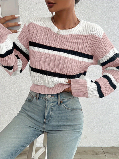 Trendy en comfortabele colorblock gebreide trui voor een stijlvolle herfst- en winterlook afbeelding 2