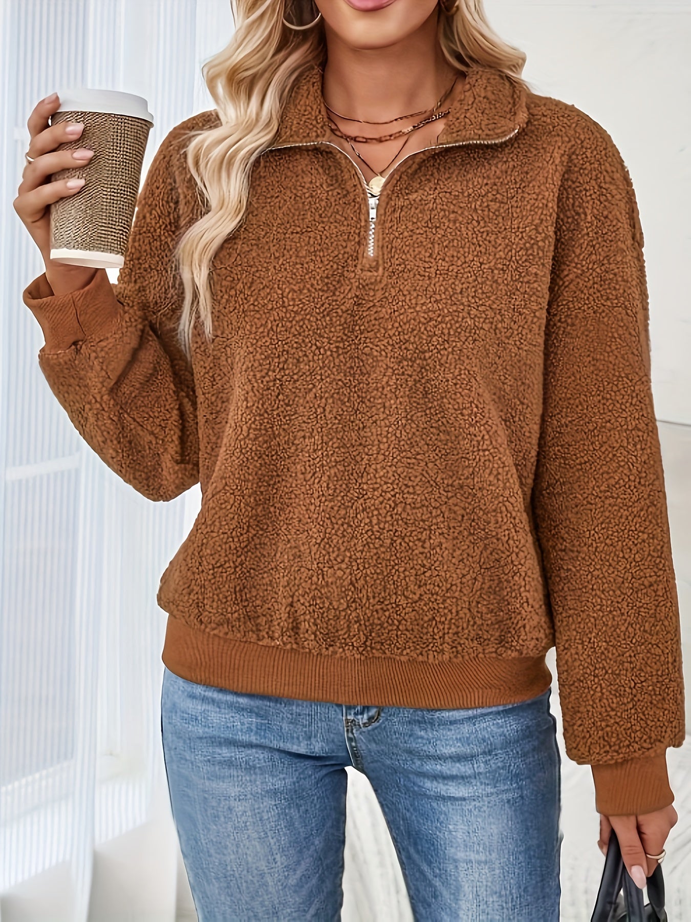 Bruin Fleece Dames Sweatshirt met Rits en Opstaande Kraag - Stijlvol en Comfortabel voor Herfst en Winter afbeelding 2