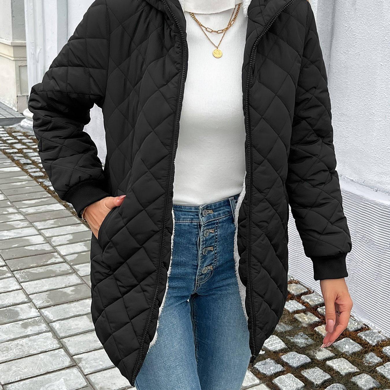 Stijlvolle gewatteerde puffy jas met imitatie bontvoering | Warme halflange winterjas voor herfst en winter afbeelding 7