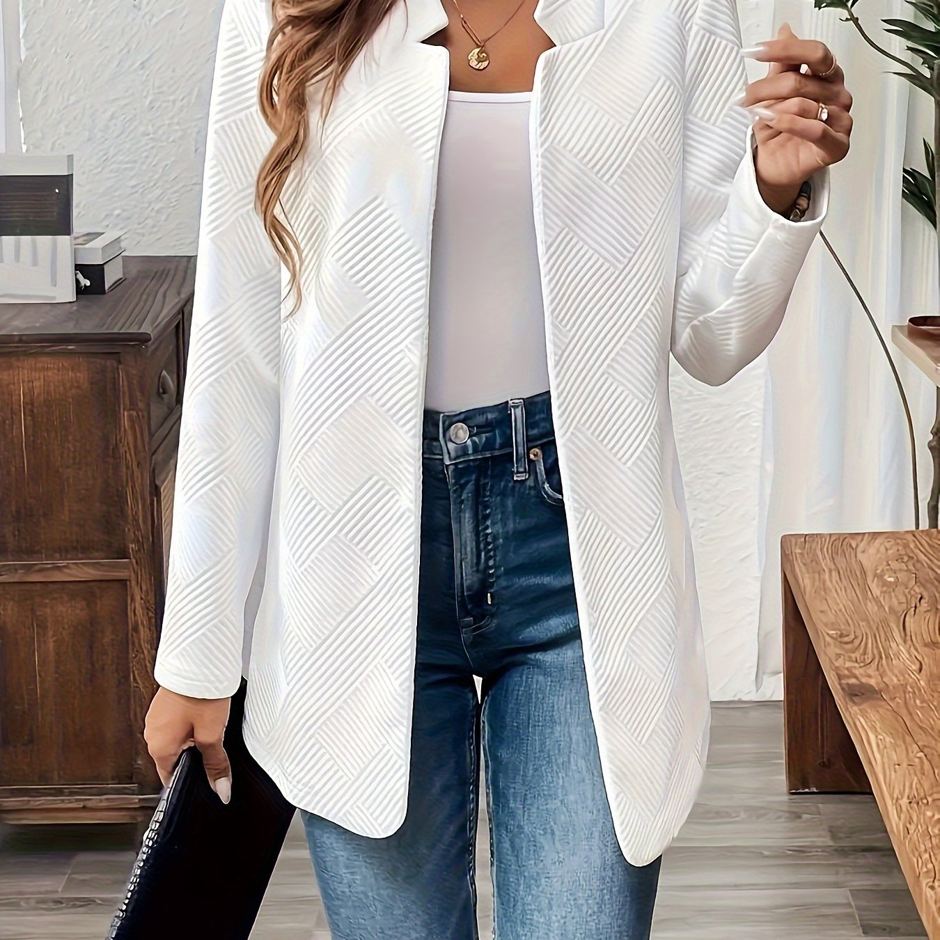 Trendy open front blazer van katoenmix: perfect voor lente & herfst! afbeelding 9