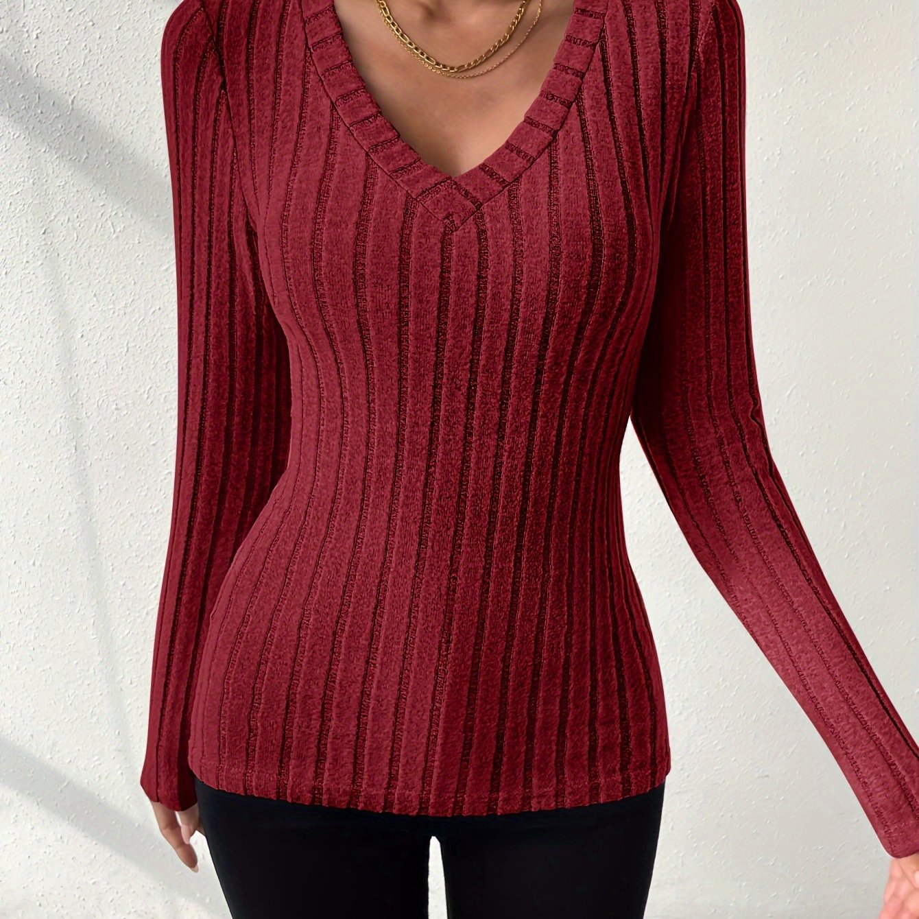 Effen V-hals T-shirt met lange mouwen afbeelding 13