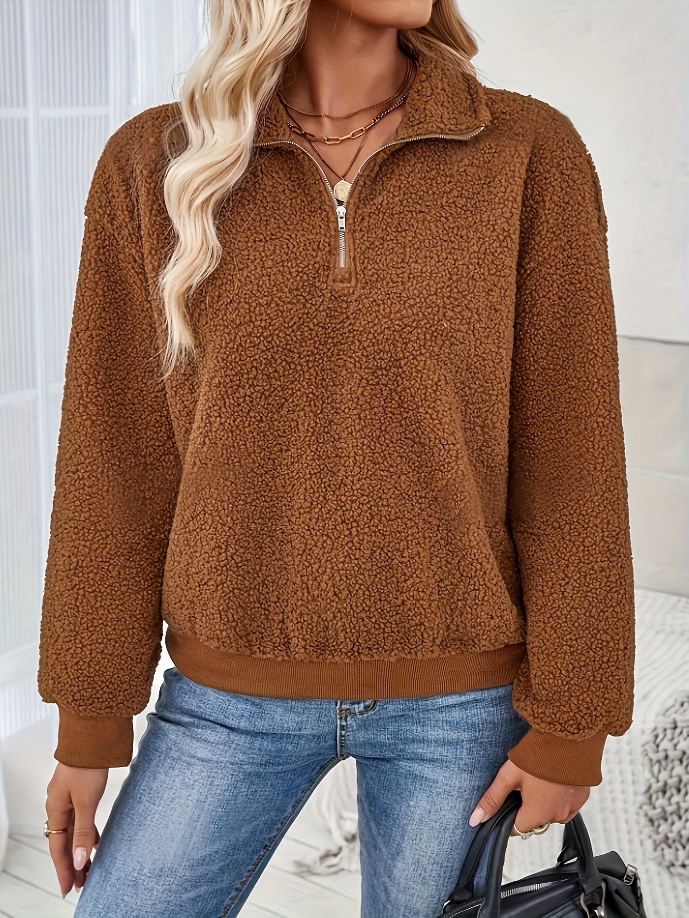 Bruin Fleece Dames Sweatshirt met Rits en Opstaande Kraag - Stijlvol en Comfortabel voor Herfst en Winter afbeelding 5