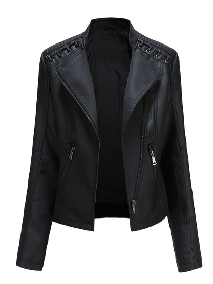 Stoer en stijlvol: Faux leren bikerjack met rits en lange mouw - Luxe katoenmix afbeelding 4