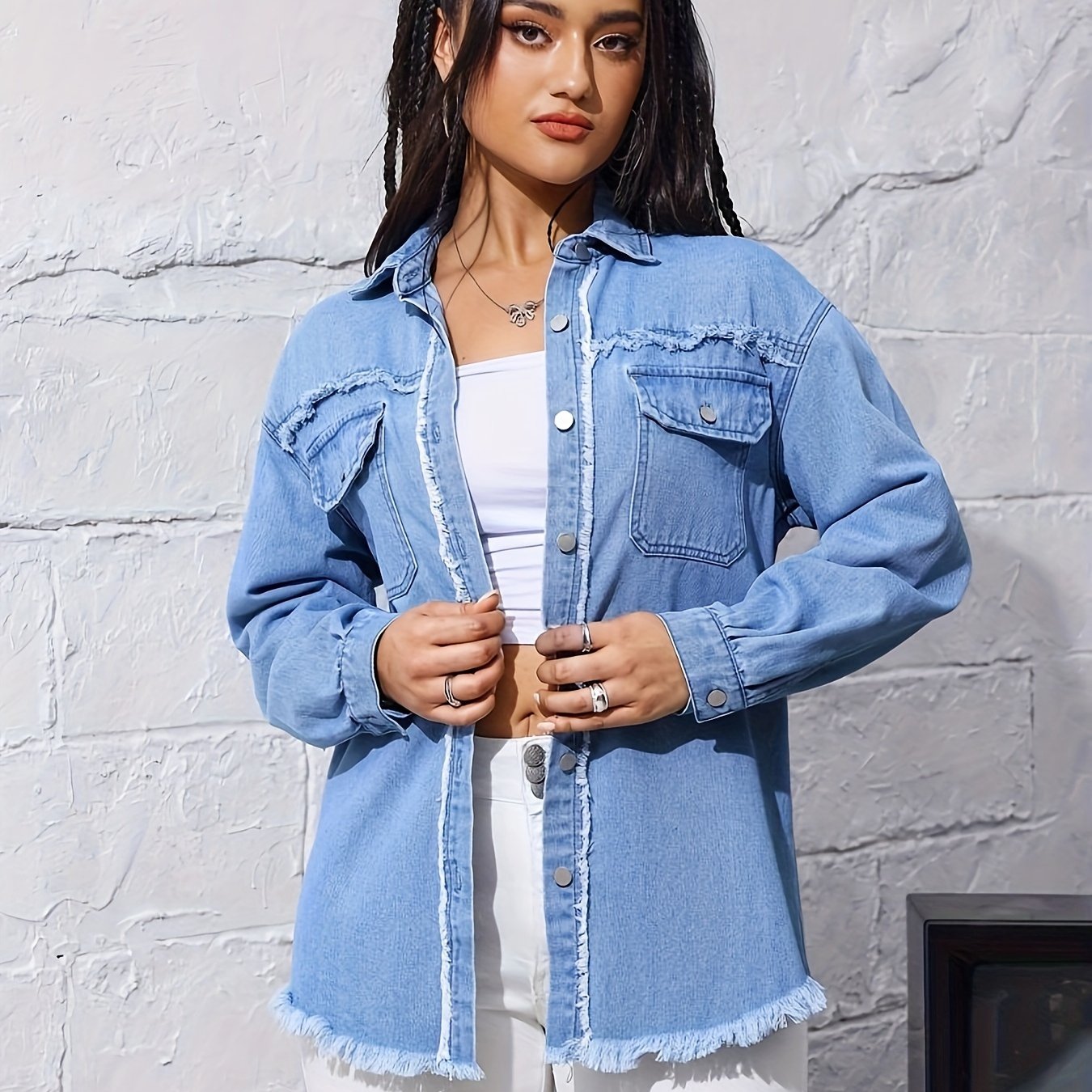 Ruwe blauwe denim jas | Tijdloze en comfortabele lente- en herfstmode afbeelding 7