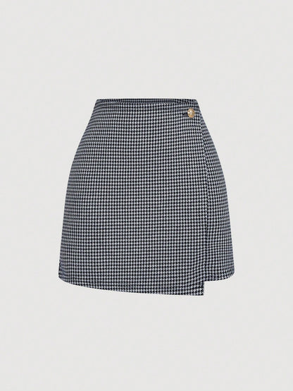 A-lijn minirok met pied-de-poule print en hoge taille voor feest dames-11