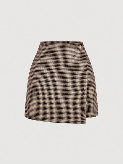 A-lijn minirok met pied-de-poule print en hoge taille voor feest dames-1
