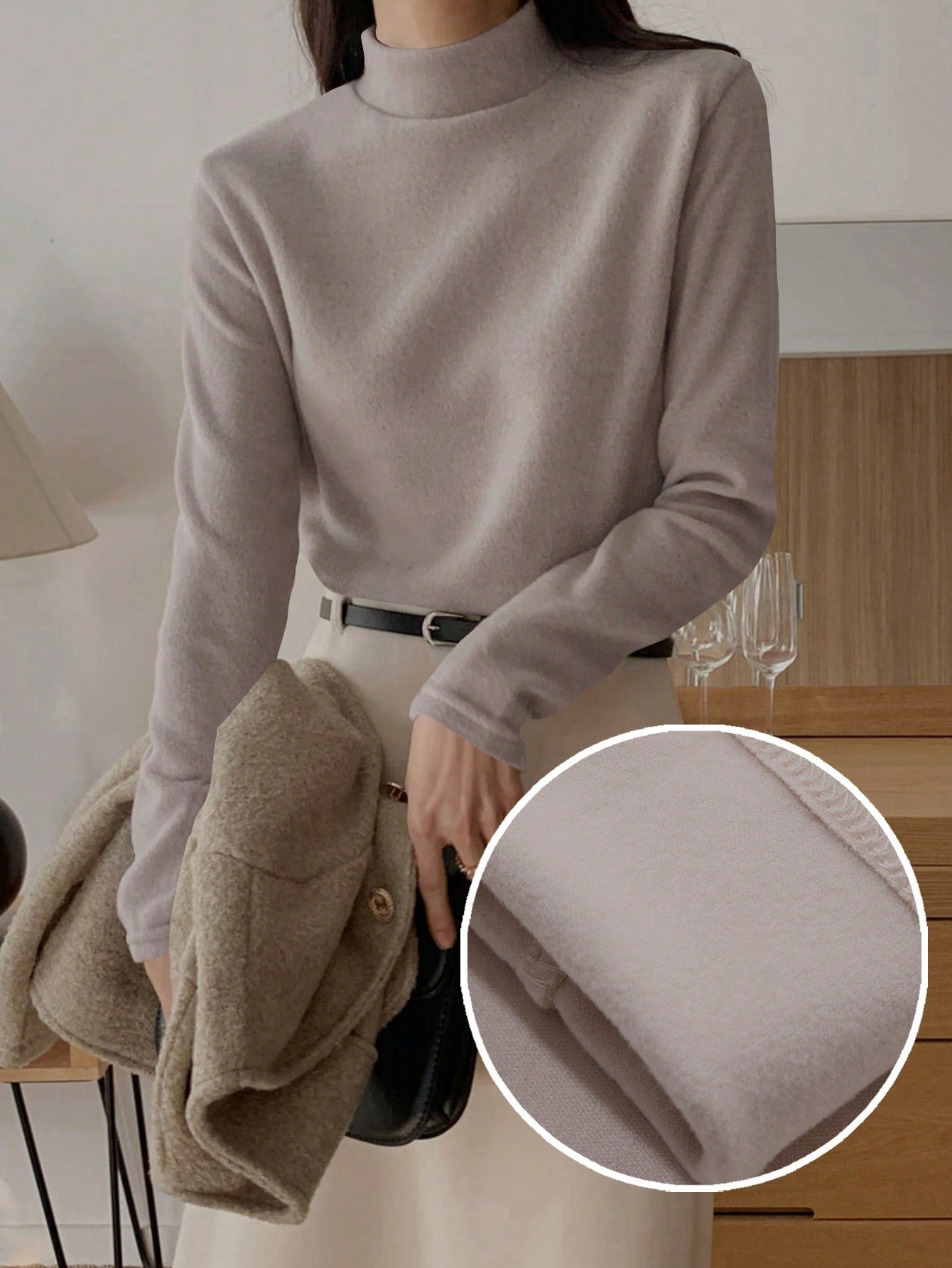 Effen t-shirt met lange mouwen en opstaande kraag in normale fit voor dames-54