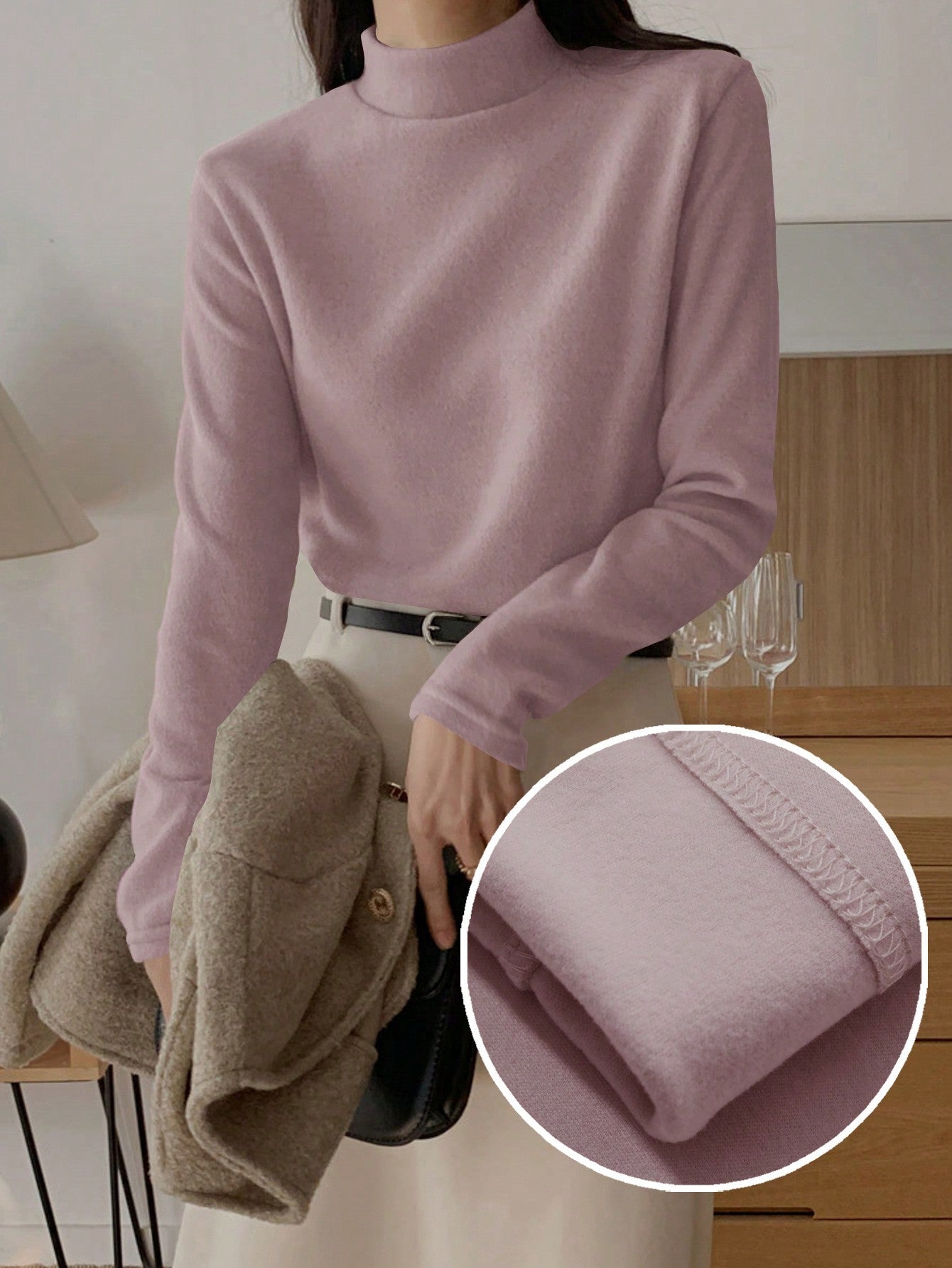 Effen t-shirt met lange mouwen en opstaande kraag in normale fit voor dames-56