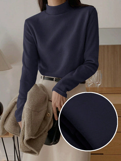 Effen t-shirt met lange mouwen en opstaande kraag in normale fit voor dames-66