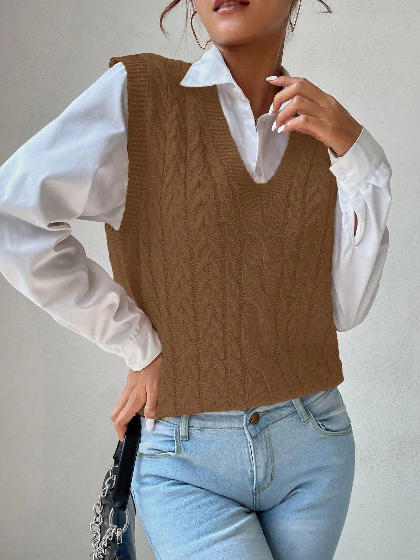 Gebreide top met V-hals en kabel-knit patroon in casual stijl voor dames-55